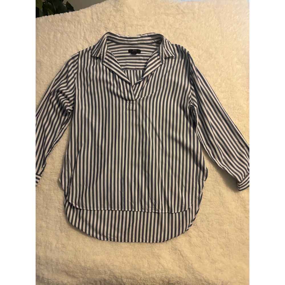 J.Crew Womens Blue White Striped Tie Cuff V-Neck Tunic Shirt Top Size M
